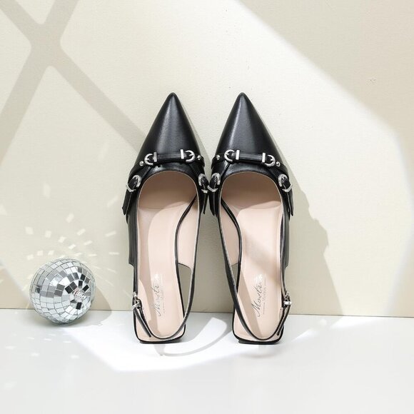 Mostrin Kitten Heels BlackFaux Leather Low Slingback Heels with Buckle - Picture 6 of 9